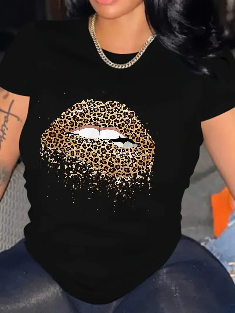 Leopard Lips Graphic Tee Shirt, Valentine's Day Crew Neck Short Sleeve Casual Everyday Tops, Women's Clothing