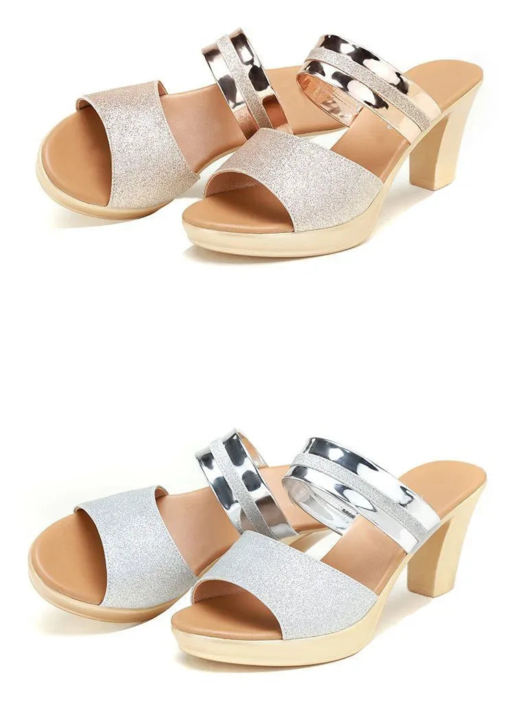 women's sandals summer 2024 Ladies Sequin Fabric High Heels Buckle Cool woman sandals Summer Casual Open Toe slippers Ladies