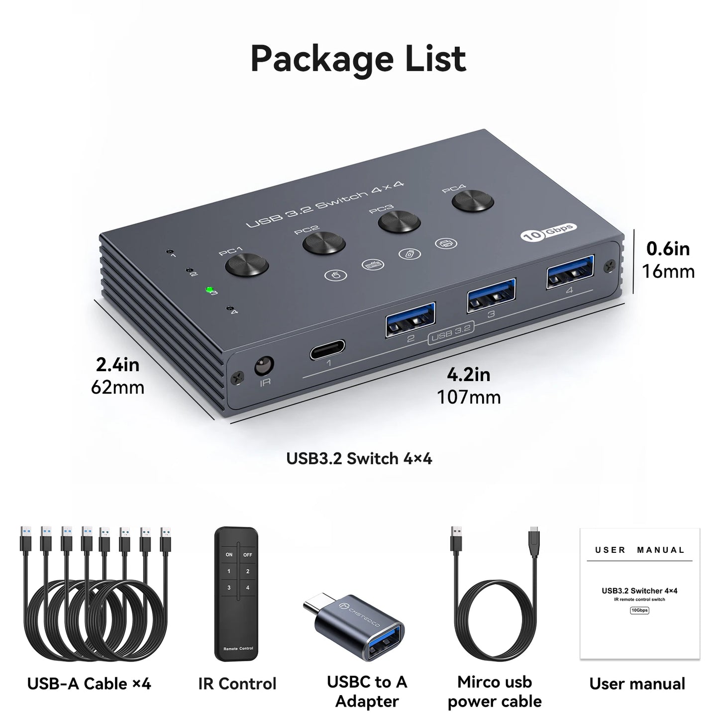 USB 3.2 Switcher KVM Switch Shared Controller Adapter 10Gbps Rate Support Fit Computer Laptop Mouse Keyboard Share 4 USB Ports