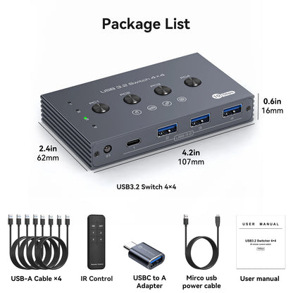 USB 3.2 Switcher KVM Switch Shared Controller Adapter 10Gbps Rate Support Fit Computer Laptop Mouse Keyboard Share 4 USB Ports