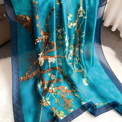 1 pcs 180x90cm Elegant Spring Autumn Silk Scarf Plum Blossom Print Long Shawl Fashionable Trendy Warm Necktie for Women