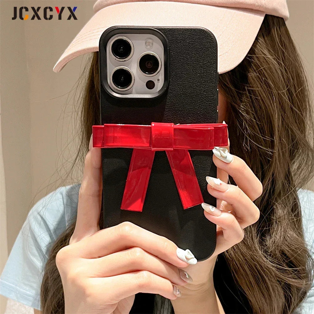 Korean Cute 3D Bowknot Lychee Leather Pattern TPU Phone Case For iphone 16 15 14 13 12 11 Pro Max 14 15 16 Plus Kawaii Cover