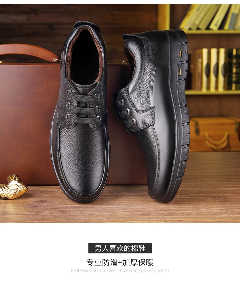 Autumn Men's Leather Shoes True Cowhide Flat Bottom Anti-Slip Plus Size Casual Elderly Father Shoes Rubber Sole China Made