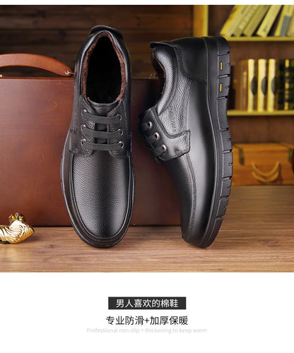 Autumn Men's Leather Shoes True Cowhide Flat Bottom Anti-Slip Plus Size Casual Elderly Father Shoes Rubber Sole China Made