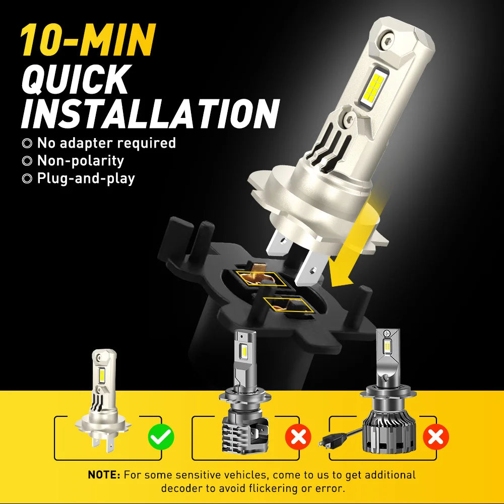AUXITO 2Pcs H7 Car Headlights LED Lights For Car CSP Headlight Bulb 6500K White Day Running Automobile Lamp With Cooling Fans