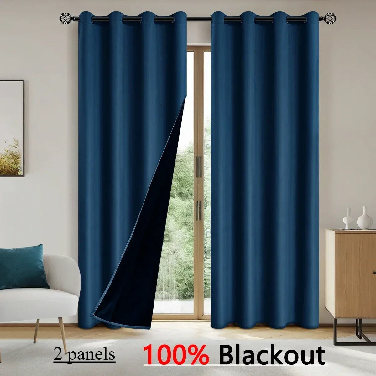 2panels Solid 100% Blackout Curtain - Curtains for Bedroom, Living Room Decor - UV Protection, Easy Sliding and Stylish Design
