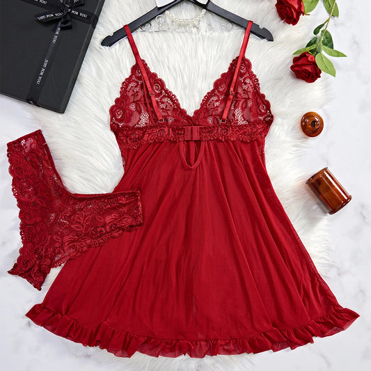 Summer Sexy Lingerie Dress Women Lace See Through Nightdress Sleepwear Solid Slim Soft V Neck Full Slip Sleepwear & Dresses by PDG ibma