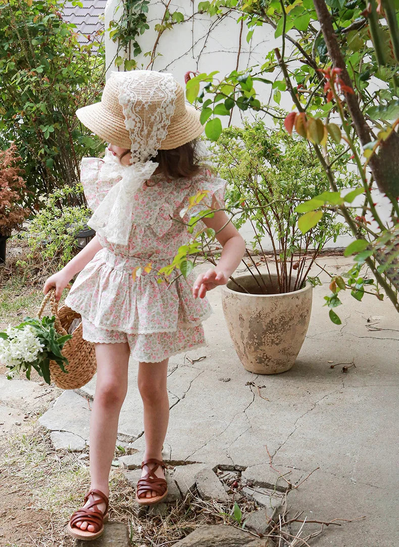 Kids Girls Cute Shirts and Shorts Skirts Outfit Set 2026 Summer New Korea Children Floral Fringed Shirts Skirts Clothes Set