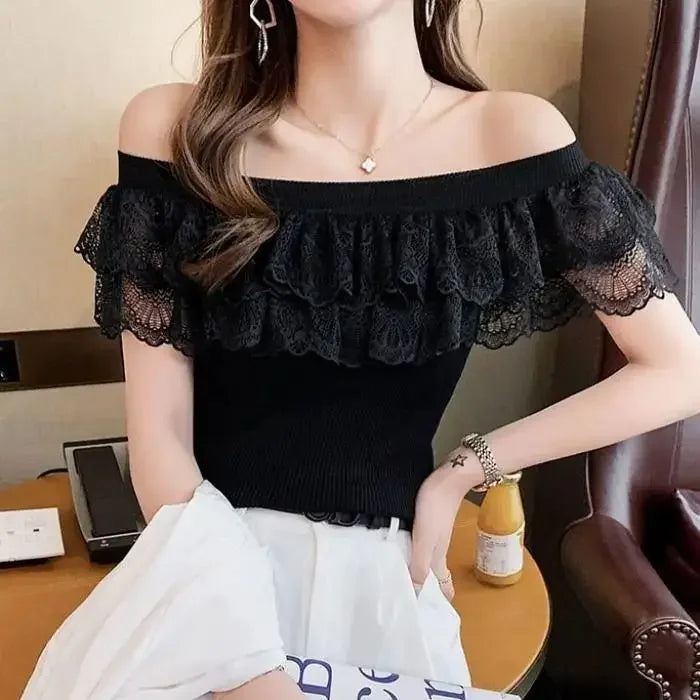Sexy Ladies Tops Summer Blouse for Women 2024 Blusas Mujer De Moda Patchwork Lace Ruffles Blouses Tunic Sweet Knitted Shirts
