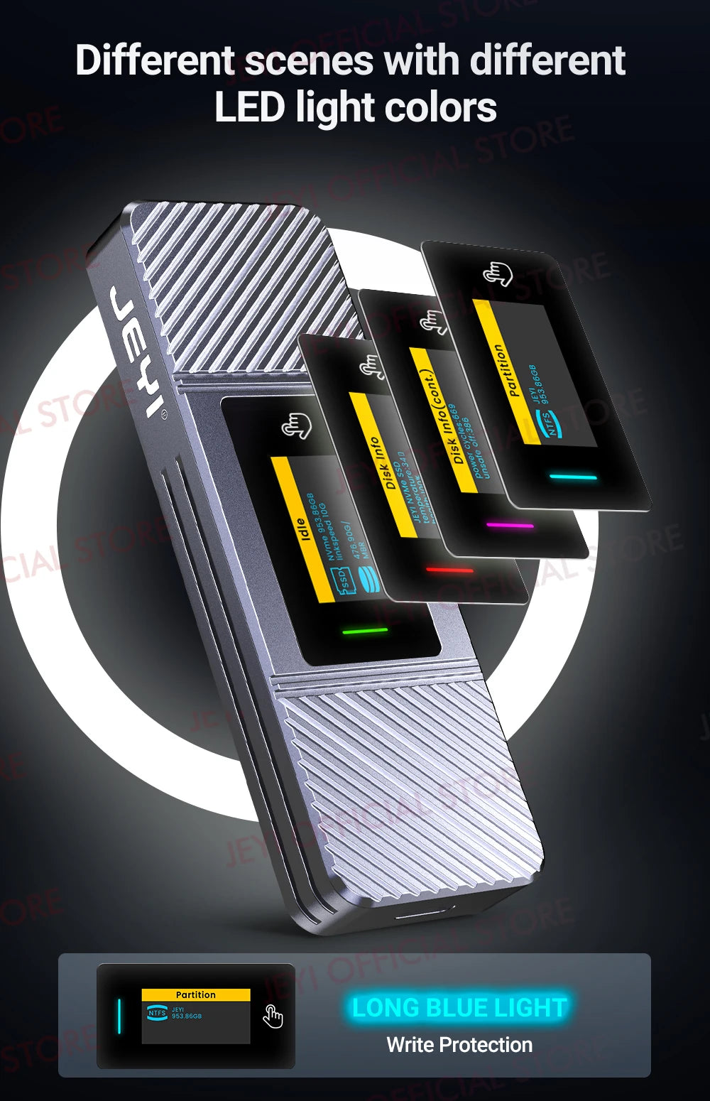 JEYI Visual Smart M.2 NVMe NGFF SSD Enclosure, Supports 5s Write Protection, 3s Re-connect, USB 3.2 Gen2 10Gbps, UASP Trim