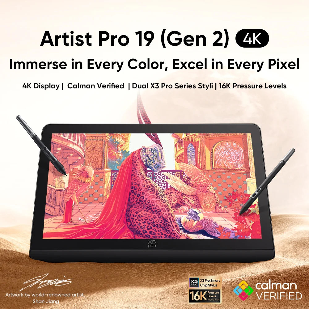 XPPen Artist Pro 19 (Gen 2) 4K Graphics Tablet Monitor with 99.8% sRGB X3 Pro Stylus 18.4 Inch Drawing Display for Windows Mac