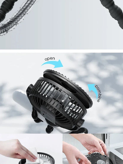 Battery Operated Small Clip on Fan, Detachable 3 Speed Rechargeable 360° Rotate Flexible Tripod Cooling Fan for Car Seat Crib
