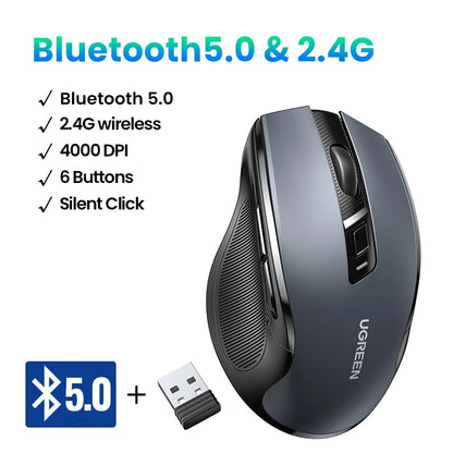 UGREEN Ergonomic Mouse, 6-Button Wireless 2.4G Bluetooth Dual Mode, 5-Level 4000 DPI Adjustable , Silent Click for PC Laptop
