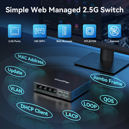 GoodTop 2.5GbE Managed Switch 6 Port 2.5GBASE-T Network Switcher 10G SFP+ Slot Uplink Web Managed Hub Internet Splitter Fanless