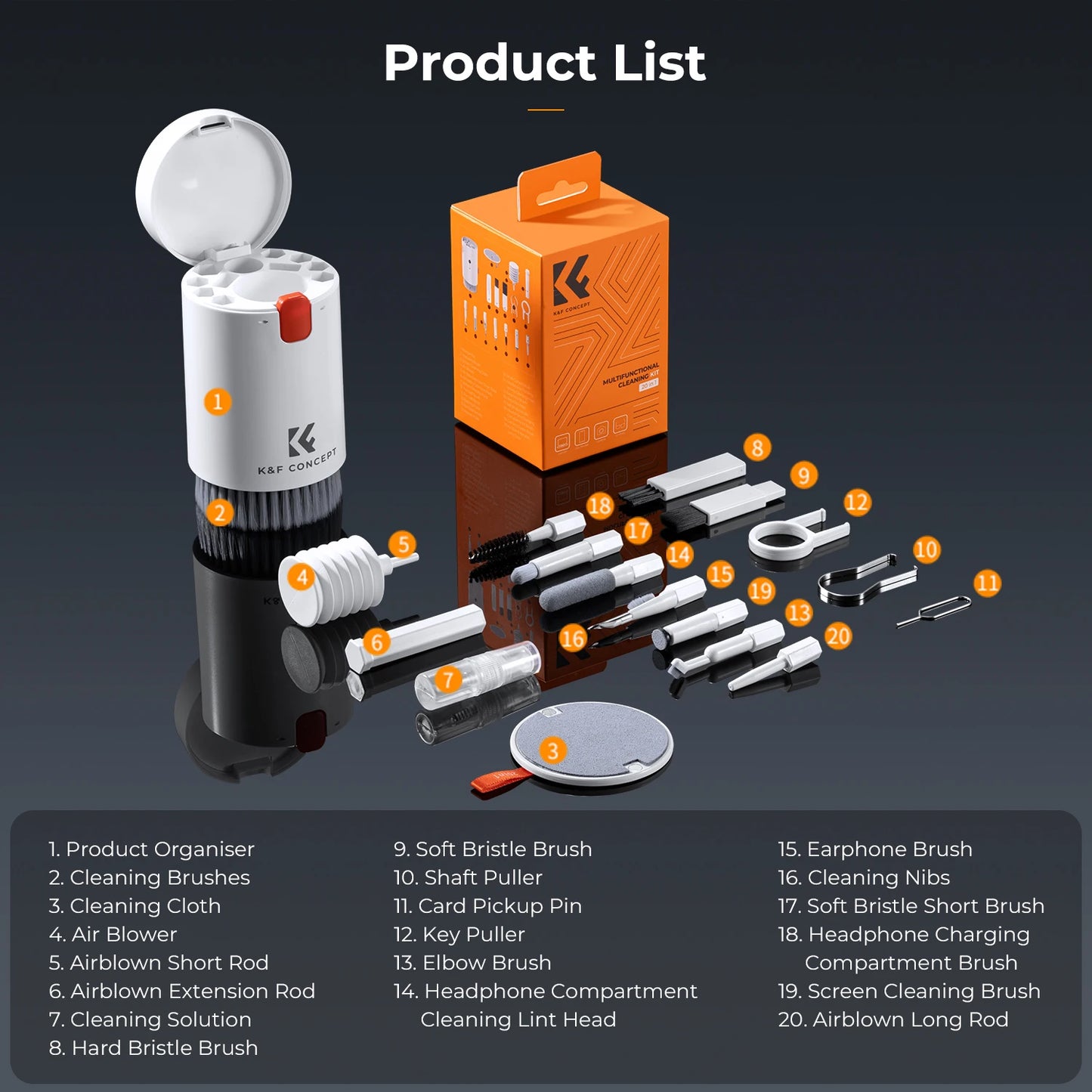 K&F Concept 20in1 iPhone AirPods Multifunction Cleaning Kits Brush Cleaning for Labtop Mobile Screen Keyboard Camera Lens