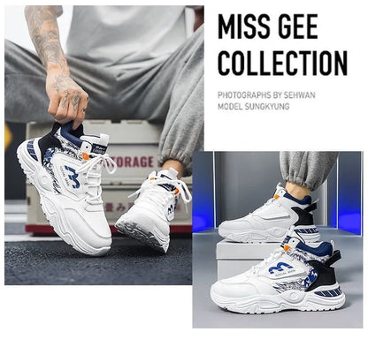 Men's Spring Breathable High Top White Sports Shoes Trendy All-Match Thick Sole Leisure Dad Sneakers