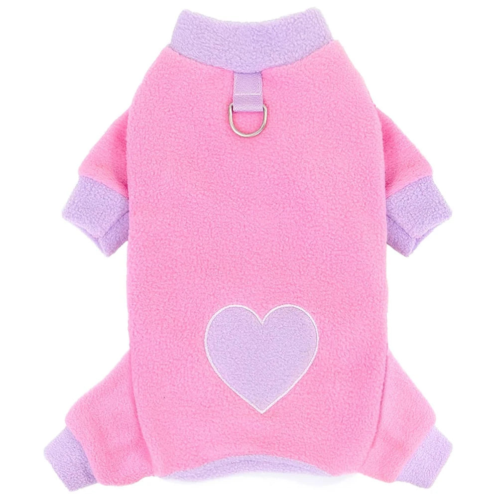 Heart Pattern Dog Pajamas for Small Dogs, Warm Fleece Dog Jumpsuit Yorkie Puppy Onesie Autumn Winter Clothes Chiwawa Pet Apparel