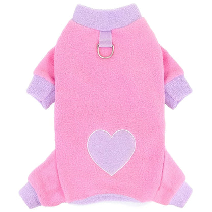 Heart Pattern Dog Pajamas for Small Dogs, Warm Fleece Dog Jumpsuit Yorkie Puppy Onesie Autumn Winter Clothes Chiwawa Pet Apparel