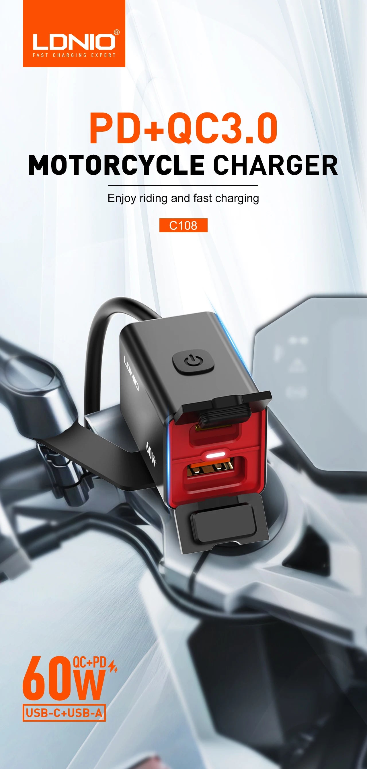 LDNIO Motorcycle USB C Fast Charger PD+QC3.0 60W Waterproof Socket Type C Cell Phone 12V/24V Vehicle-Mounted Charger Adapter