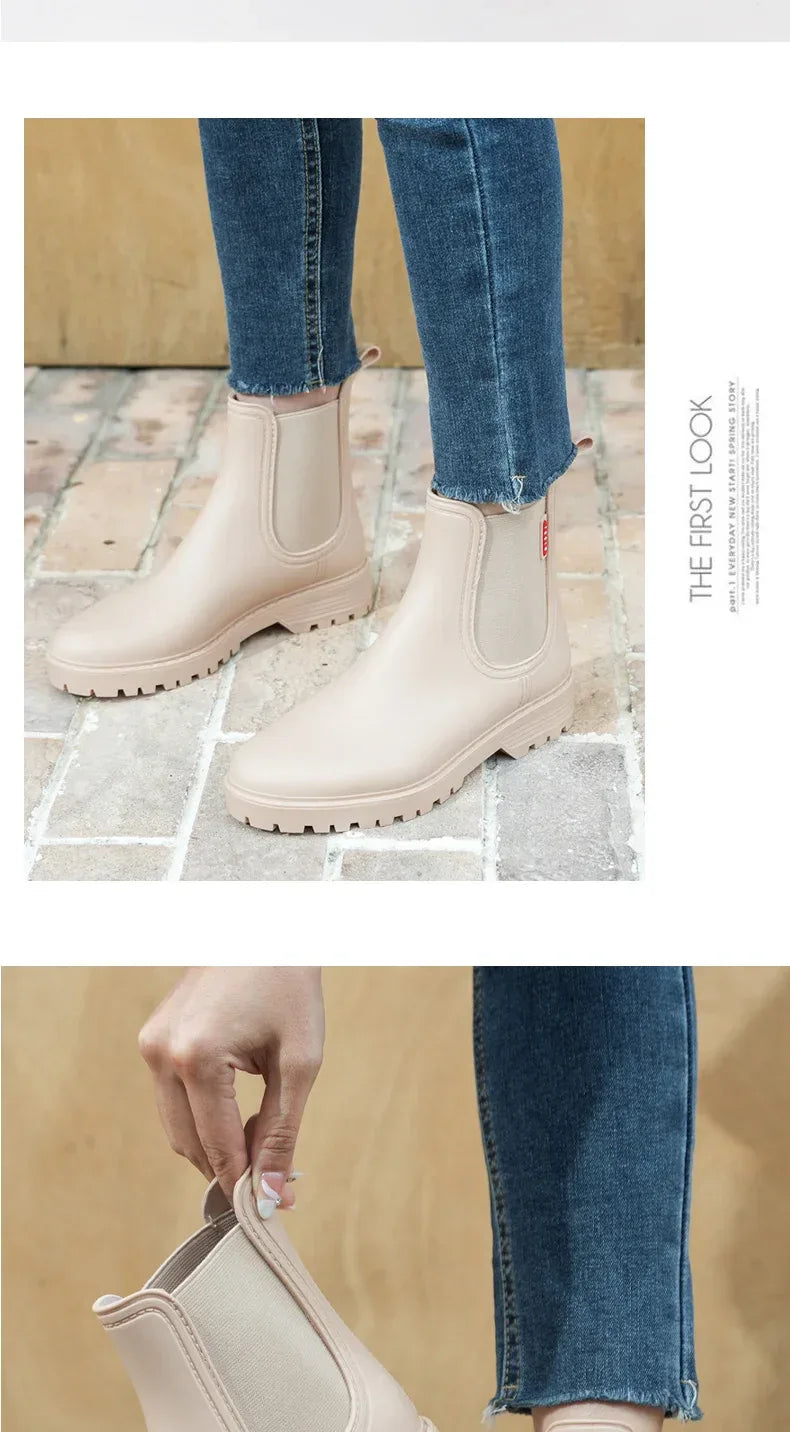 Women's short tube anti slip rain shoes, lightweight waterproof water shoes, fashionable Chelsea rain boots, PVC one-time moldin