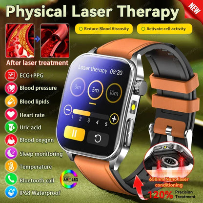 New 650nm Dual probe laser Health Smart Watch ECG+PPG Blood pressure Uric Acid Blood lipids AMOLED Physical therapy Smartwatches