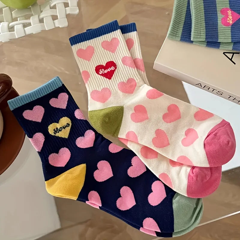 5 Pairs Dopamine Sweet Heart Striped Women Mid Tube Socks Fashionable Korean College Style Comfortable All Season Casual Socks