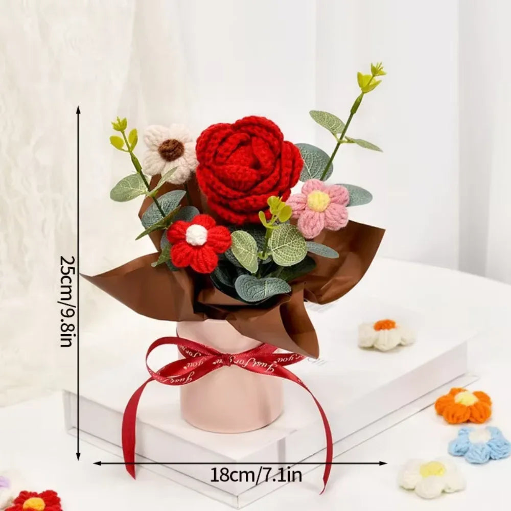 DTCTK Knitted Flower Bouquet Crochet Rose Flowers Hugging Bucket Christmas Gifts Living Room Desk Decoration Valentine's Day Gif