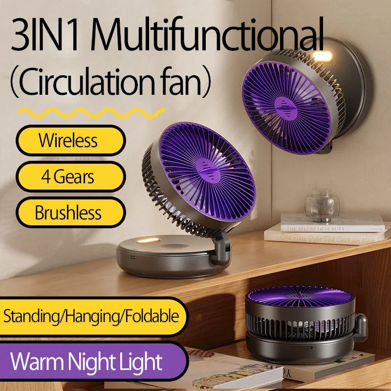 New 5000mAh Rechargeable 3IN1 Multifunctional Portable Fan Wall Mounted Fan 90° Folding Fan 4 Gears With Warm Night Light