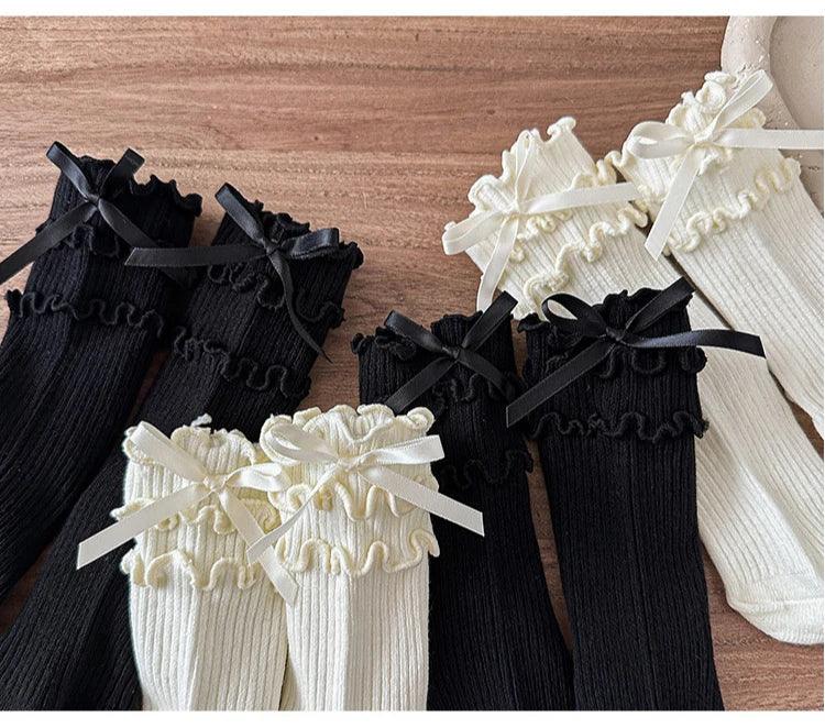 Korean Fashion Lace Lolita Calf Sock for Kids Girl Beige Black Color Ruffle Bow Children Calf Sock Spring Autumn Cotton Sock