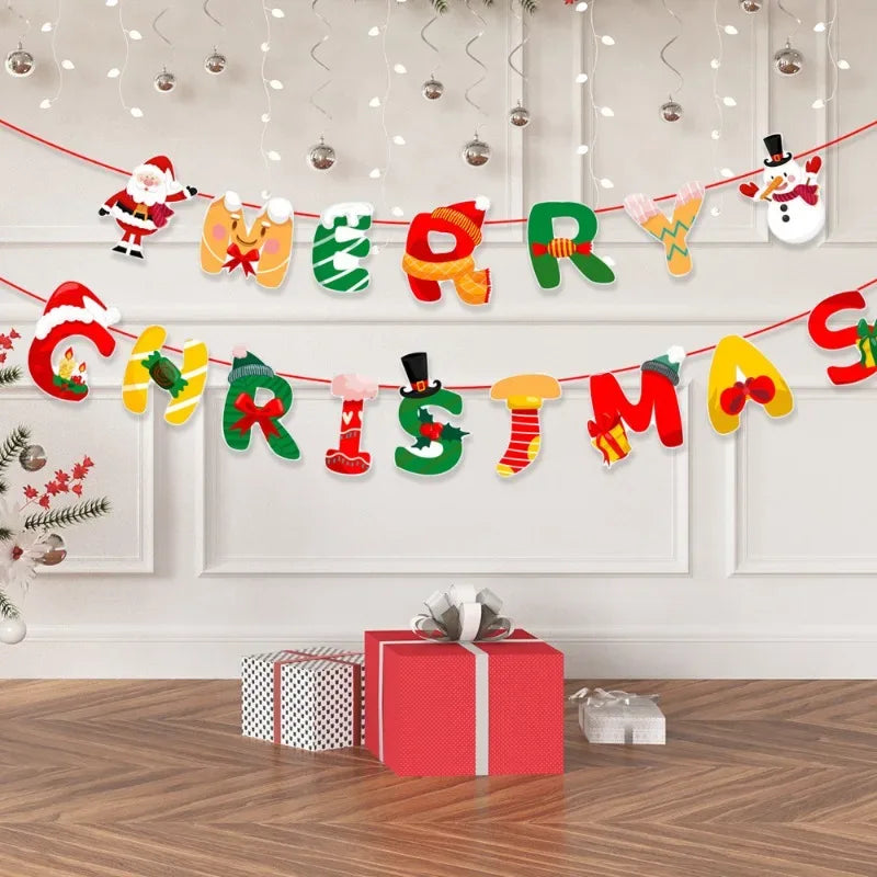 Christmas Banner Tree Ornaments Merry Decoration for Home 2025 Santa Claus Pendant Xmas Gifts New Year 2026 Flag Party Pulling