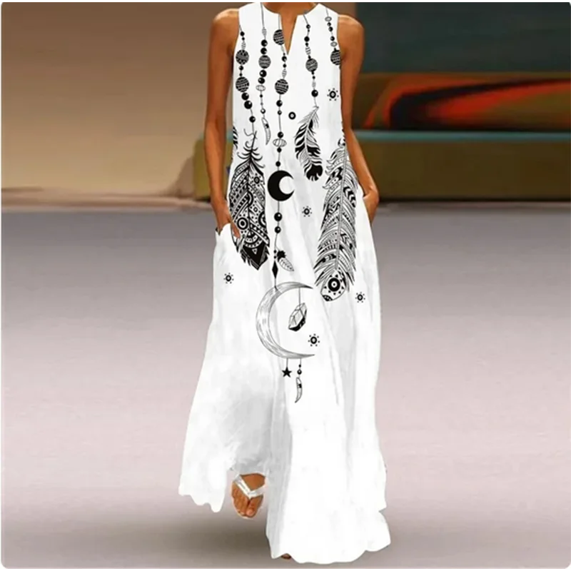 Sleeveless Feather Printed Dress Bohemian Vest Dresses Trendy Beach Casual Loose Robe Colorful Summer