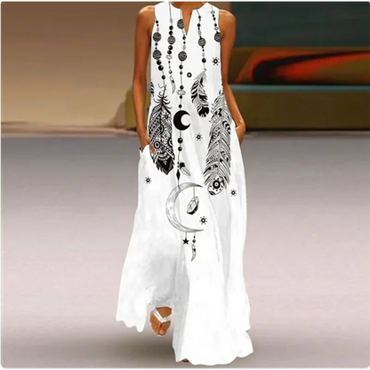 Sleeveless Feather Printed Dress Bohemian Vest Dresses Trendy Beach Casual Loose Robe Colorful Summer