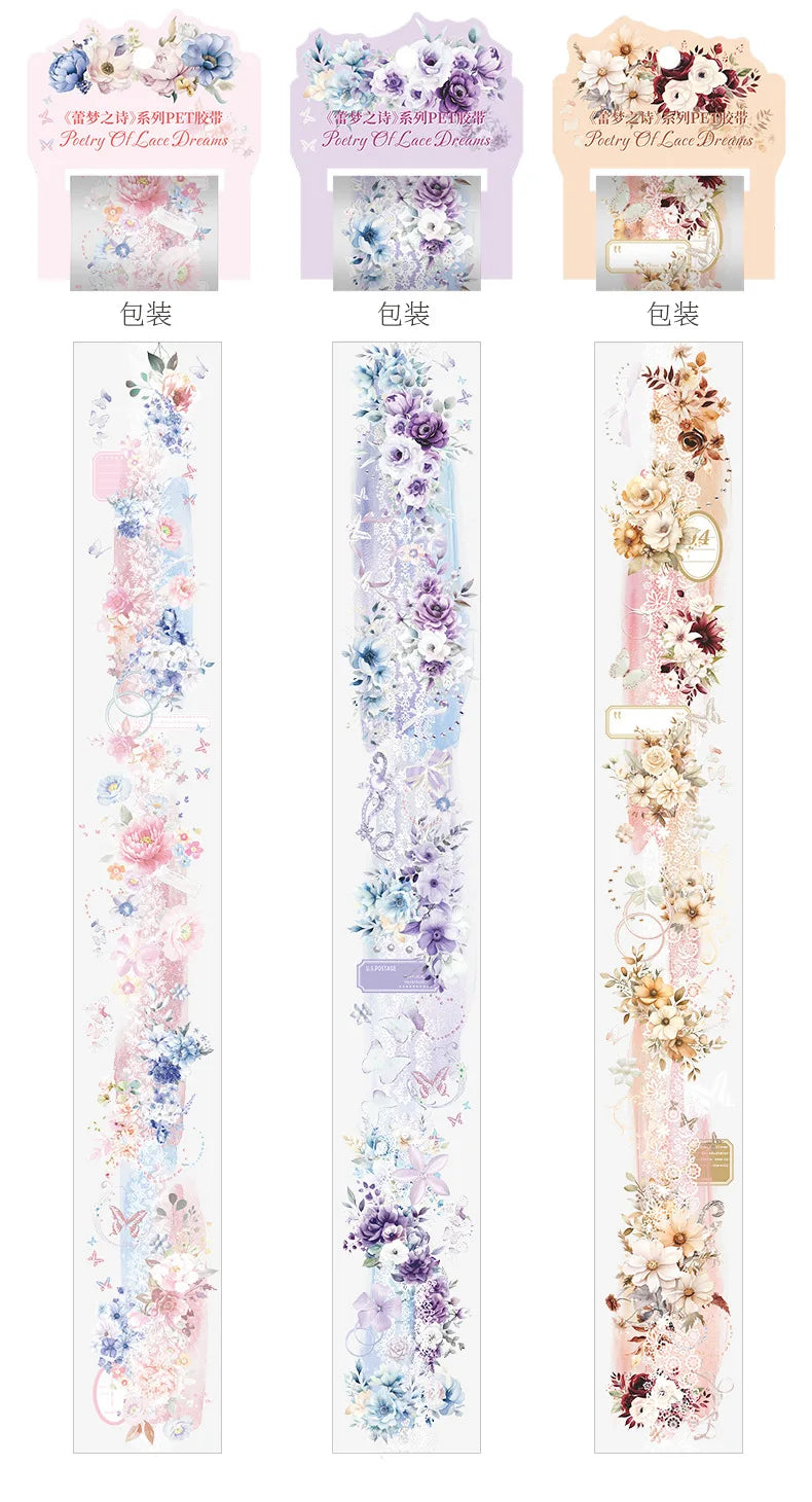Mr. Paper 1 Roll Lace Flower PET Tape Home Decoration for Scrapbook Frame Phone Case Notebook Phone Case Collage Sticker Gifts