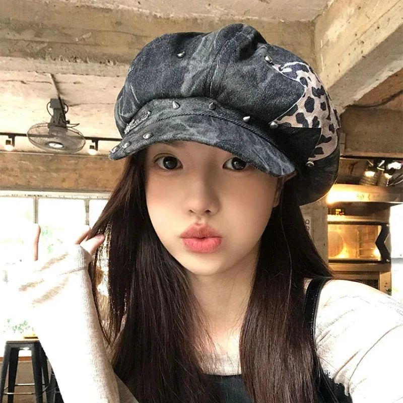 American Punk Style Rivet Star Design Octagonal Hats for Women Spring and Autumn Casual Versatile Retro Washed Denim Berets Cap