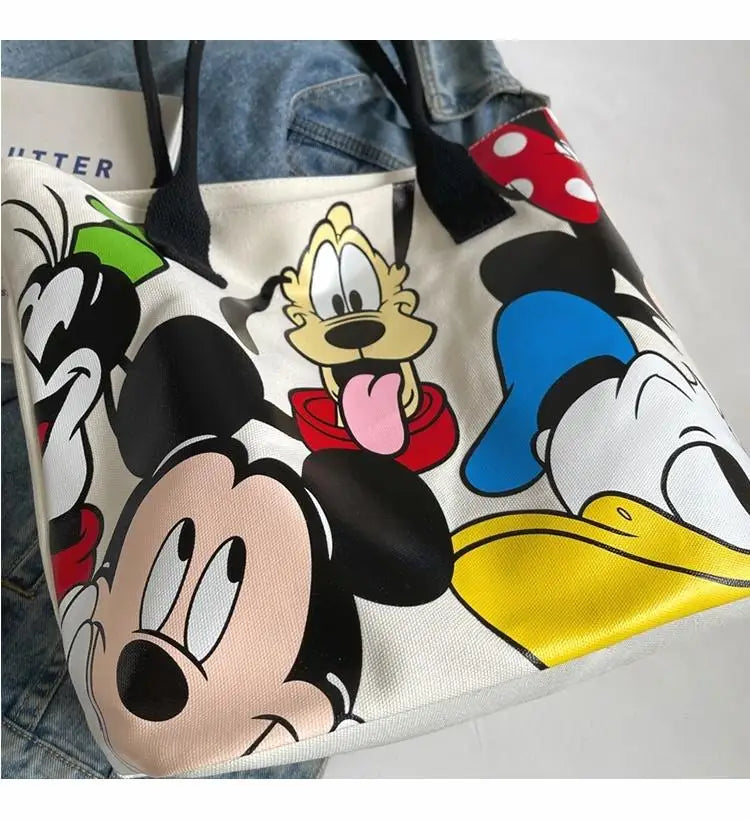 Cartoon Mickey Tote Bag Canvas Bag with Goofy Pattern Shoulder Bag Fashion Travel Large Capacity Canvas Bag Women Shopping Use