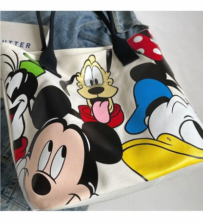 Cartoon Mickey Tote Bag Canvas Bag with Goofy Pattern Shoulder Bag Fashion Travel Large Capacity Canvas Bag Women Shopping Use