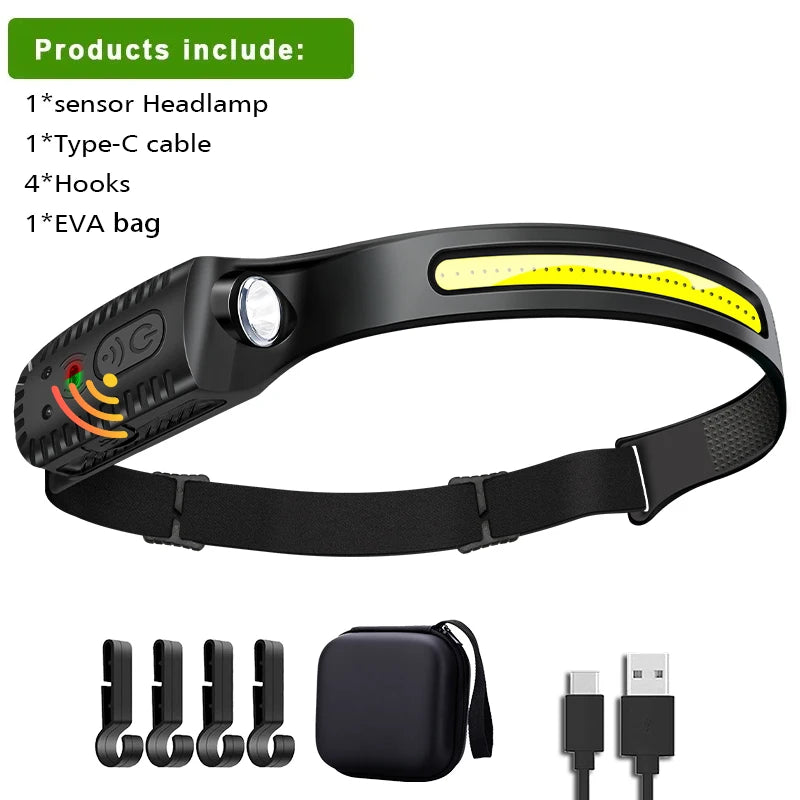 USB Rechargeable Head Torch Induction Headlamp COB LED Sensor Head Lamp Built-in Battery Flashlight 5 Lighting Modes Headlight