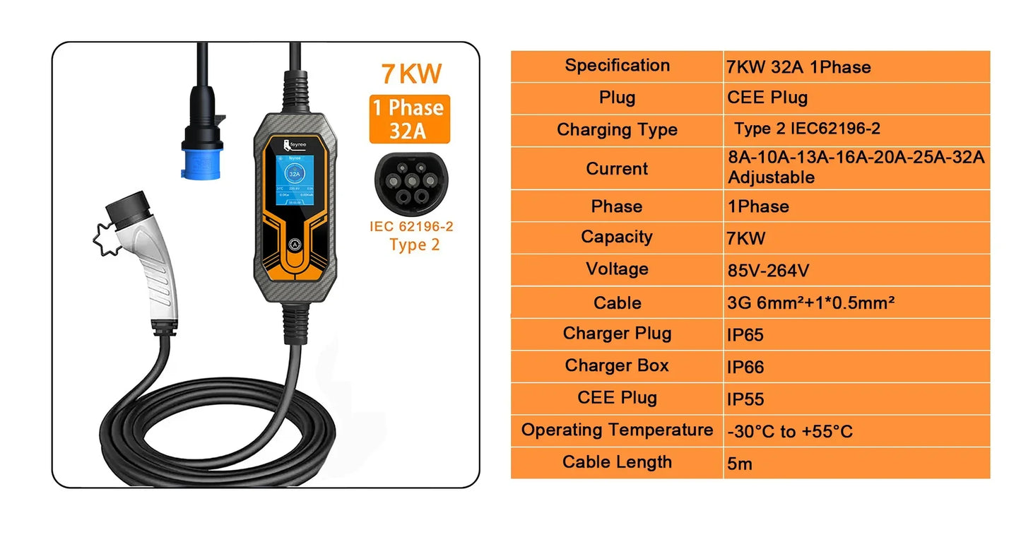 feyree 32A 7KW Type2 EV Portable Charger 3.5KW 16A 1Phase EVSE Charging Box 11KW 16A 3Phase Car Charger for Electric Vehicle