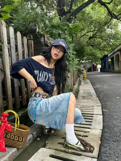 Yedinas Loose Off Shoulder Letter Graphic T Shirts Woman Clothing Short Sleeve American Retro Summer Tops Korean Style Y2k Tees