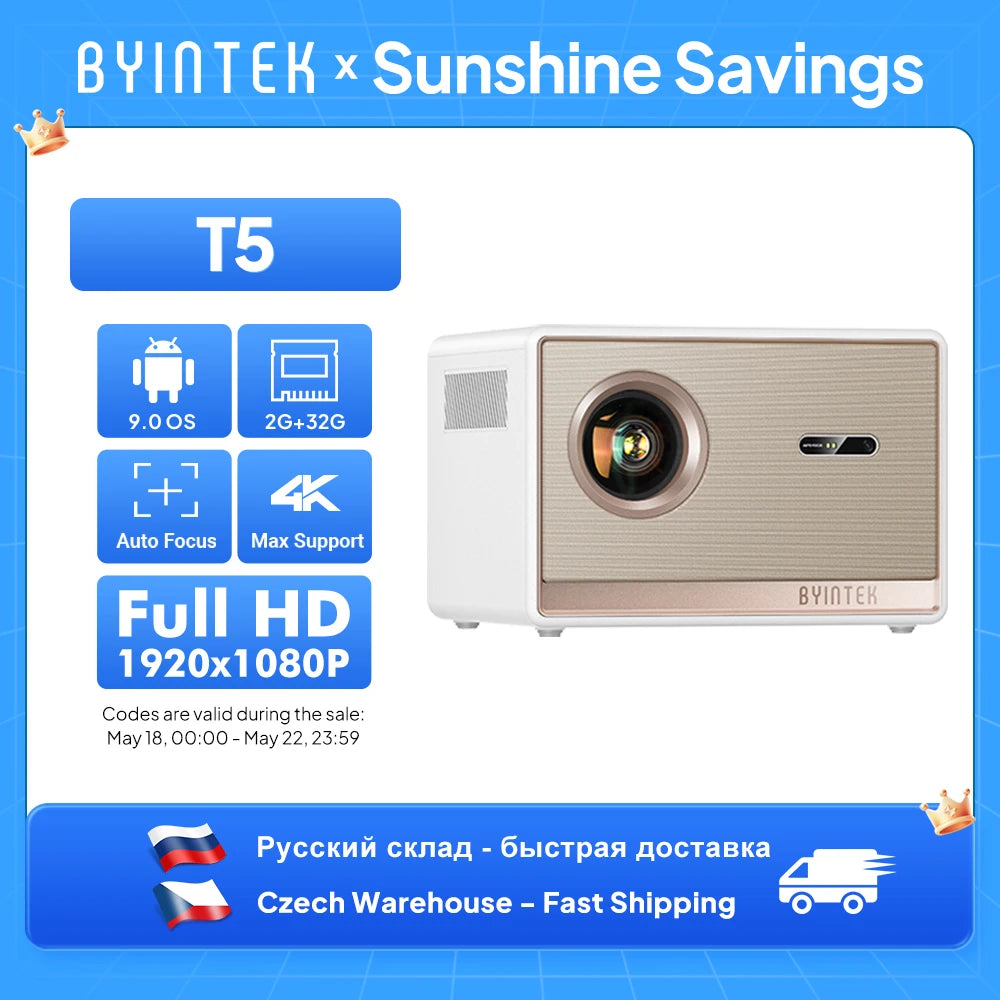 BYINTEK T5  Max Full HD 1080P Projector 4K 1000ANSI Android WiFi 6 Auto Focus ProfessionalBass Home Theater Projector for Video
