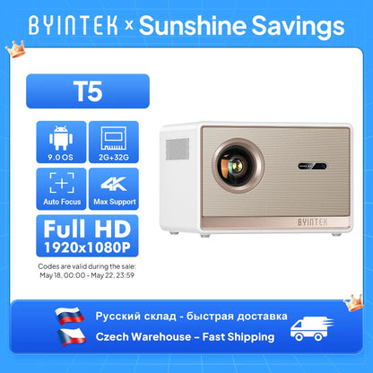 BYINTEK T5  Max Full HD 1080P Projector 4K 1000ANSI Android WiFi 6 Auto Focus ProfessionalBass Home Theater Projector for Video