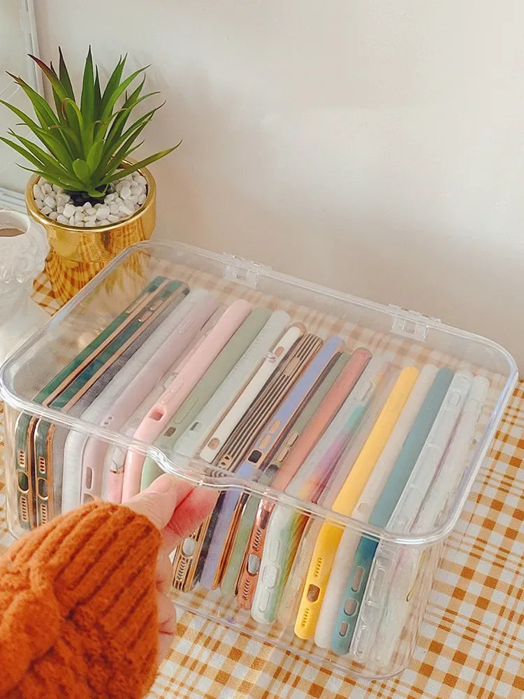 Ins Transparent Phone Case Organizer Storage Box with Cover Home Desktop Acrylic Sundries Storage Basket Phone Case Holder