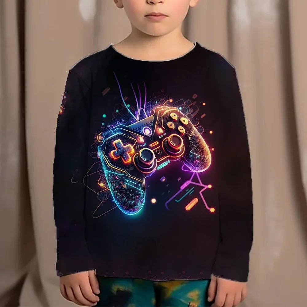 Top Clothes For Children Clothing Autumn Games Console Black T-Shirt Kids Tees Long Sleeve Tshirt From 10 To 12 Years Old Boys