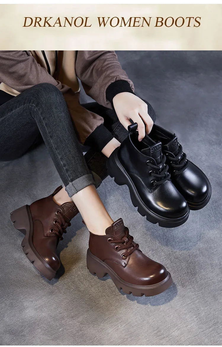 DRKANOL Luxury Design Genuine Leather Ankle Boots For Women Platform Casual Short Boots Women Winter Thick High Heel Warm Shoes