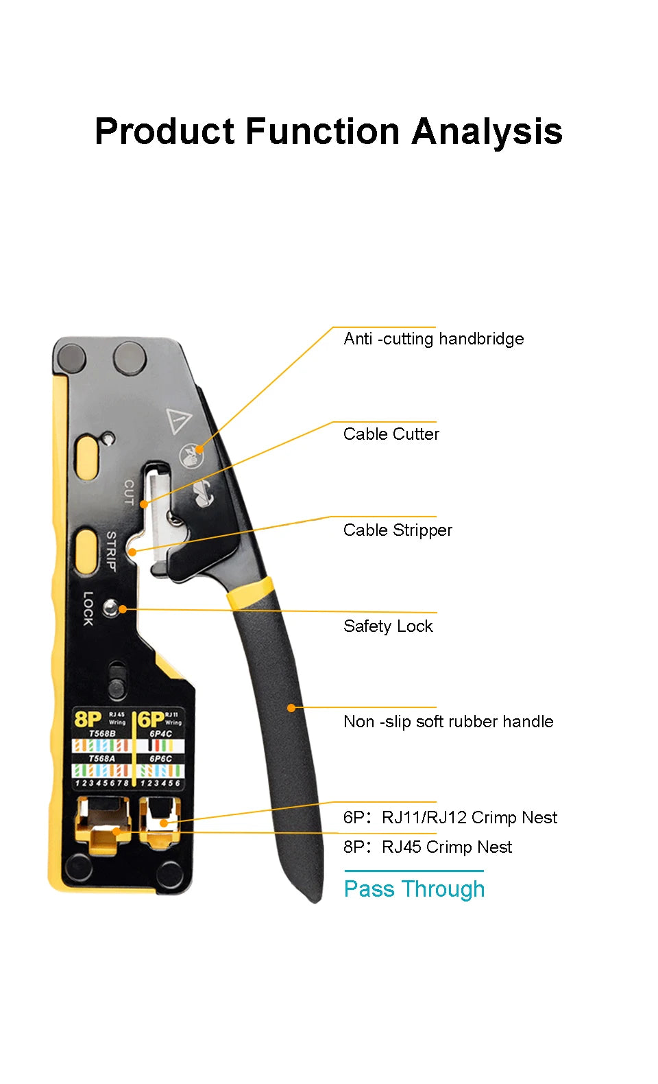 ONTi RJ45 Cat7/6/6A/5E Connector and RJ45 Crimp Tool Pass Through Crimper for 8P8C with Replacement Blade Cable Stripper