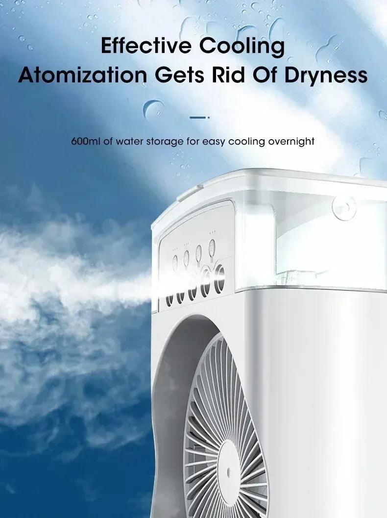 Portable Mini Evaporative Air Cooler Fan with 7 Color LED Light 1/2/3H Timer 3 Wind Modes and 3 Spray Settings for Desk