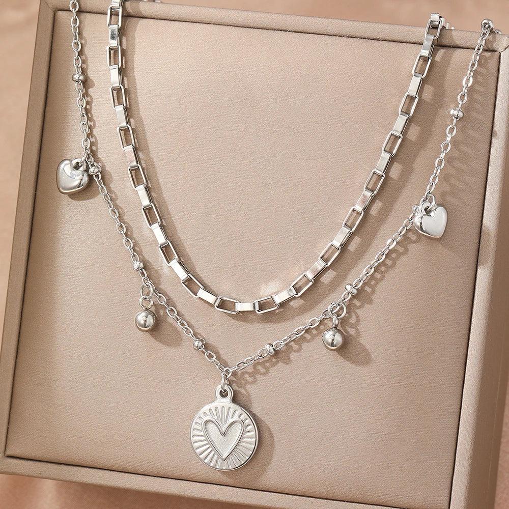 woiwoi Stainless Steel Necklace Luxury Exquisite Peach Heart Double Layer Bone Chain Ladies Jewelry Birthday Anniversary Gift