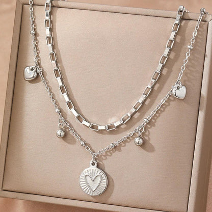 woiwoi Stainless Steel Necklace Luxury Exquisite Peach Heart Double Layer Bone Chain Ladies Jewelry Birthday Anniversary Gift