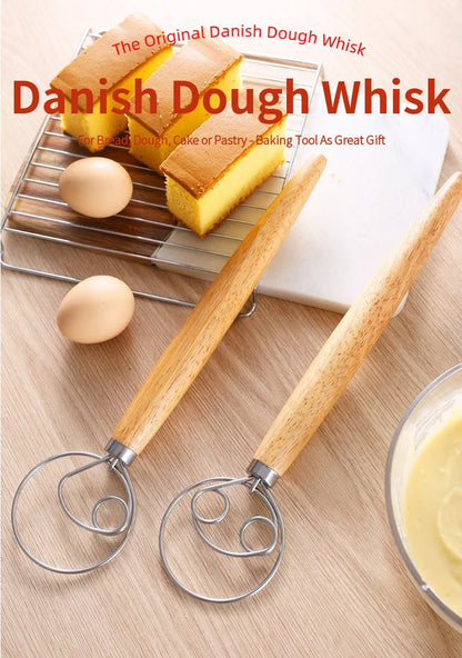 304 Stainless Steel Dough Whisk with Smooth Wooden Handle Sourdough & Bread Mixing 13 Inch Danish Dough Whisk Bread Tools