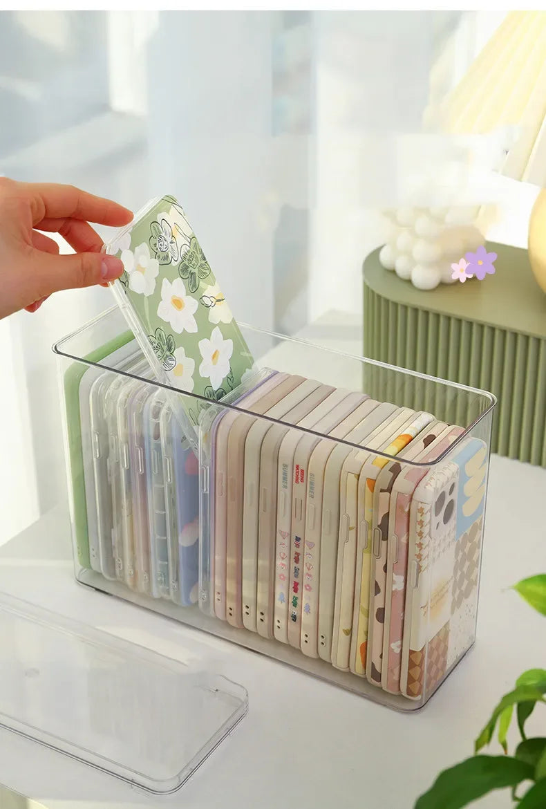 Ins Transparent Phone Case Organizer Storage Box with Cover Home Desktop Acrylic Sundries Storage Basket Phone Case Holder